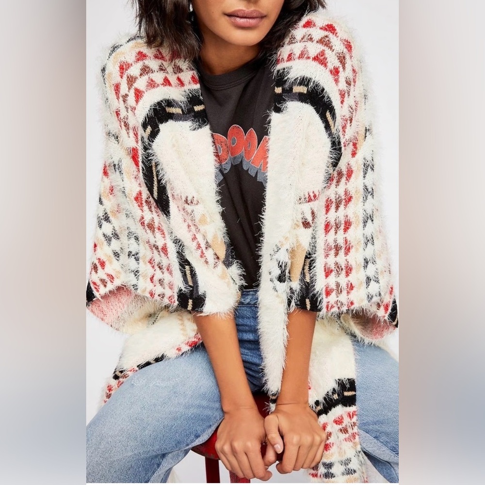Free People‎ Canyonland Kimono Aztec Eyelash Knit Cozy Sweater Bohemian Fuzzy